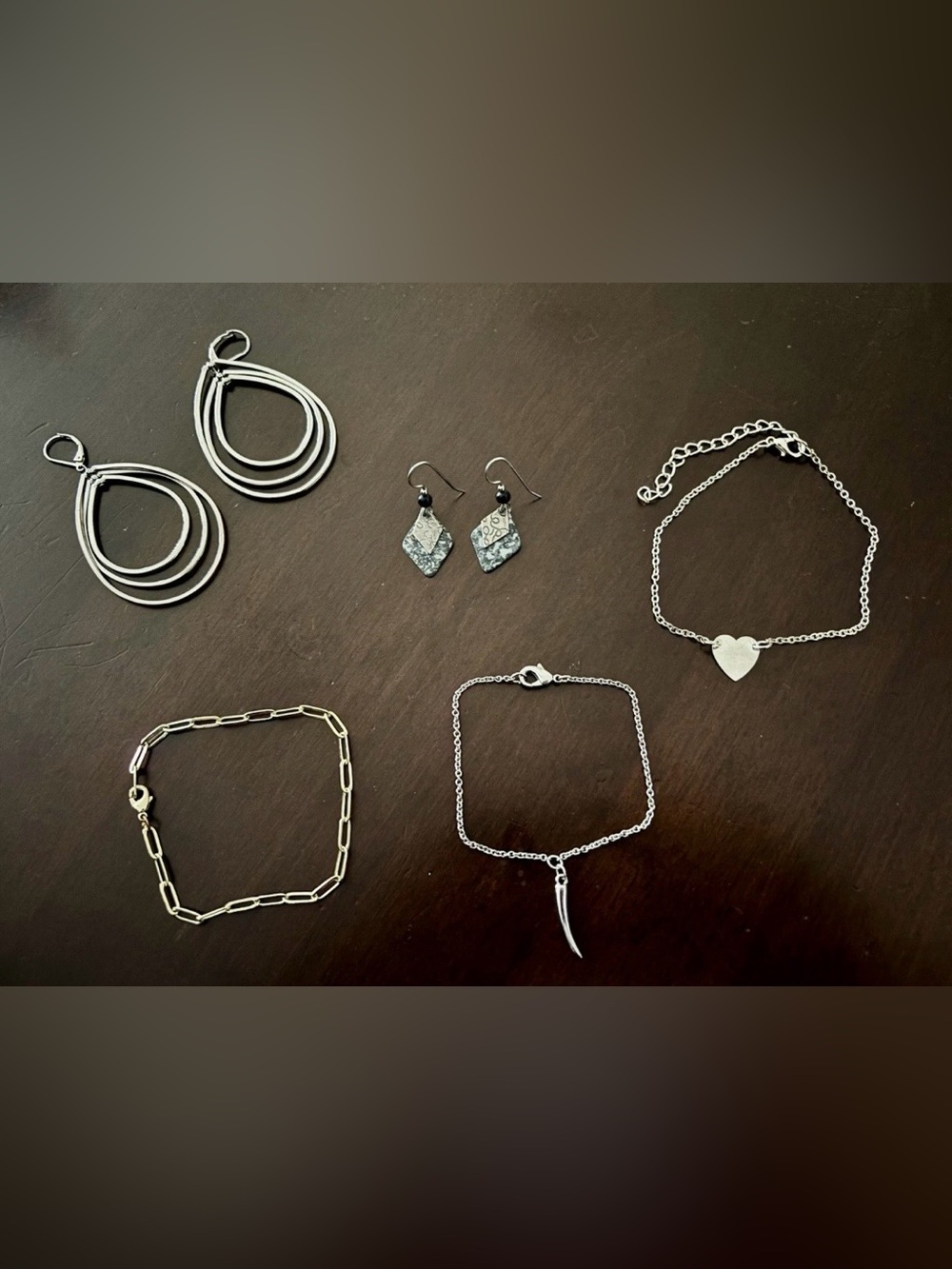 Vintage Silver-Tone Heart & Dangle Charm Bracelet Set of 5 - Women Jewelry